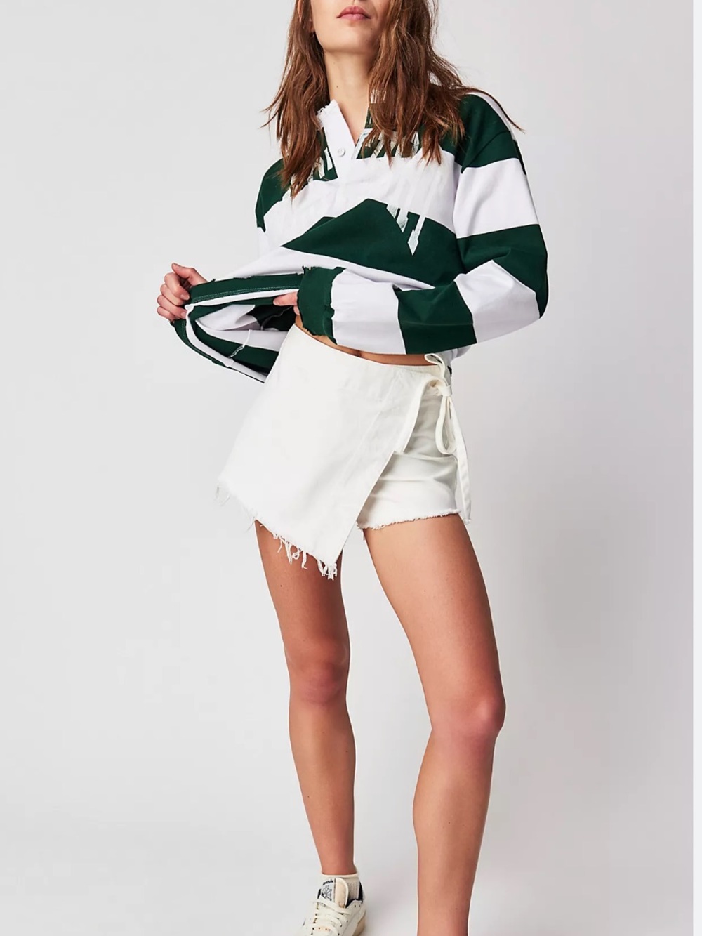 Free People White Wrap Denim Skort with Frayed Hem